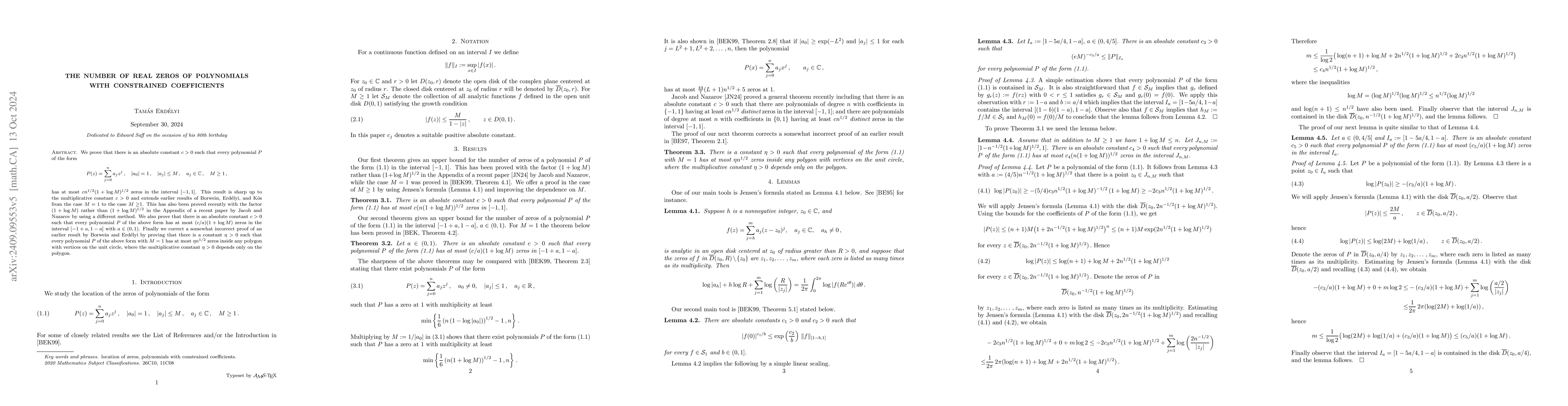 Thumbnail for The number of real zeros of polynomials with constrained coefficients