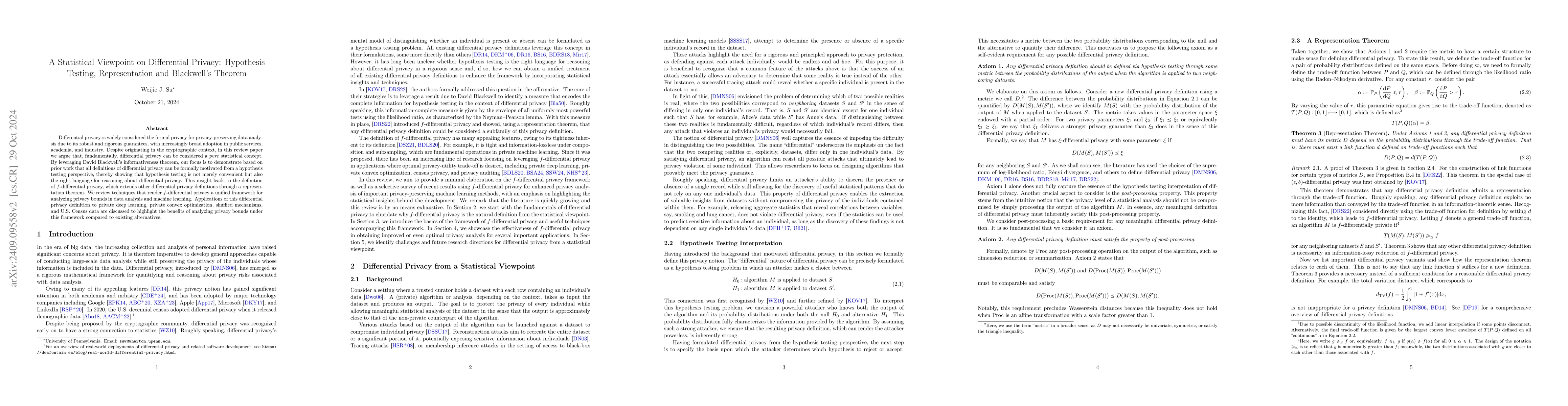 Thumbnail for A Statistical Viewpoint on Differential Privacy: Hypothesis Testing,
  Representation and Blackwell's Theorem