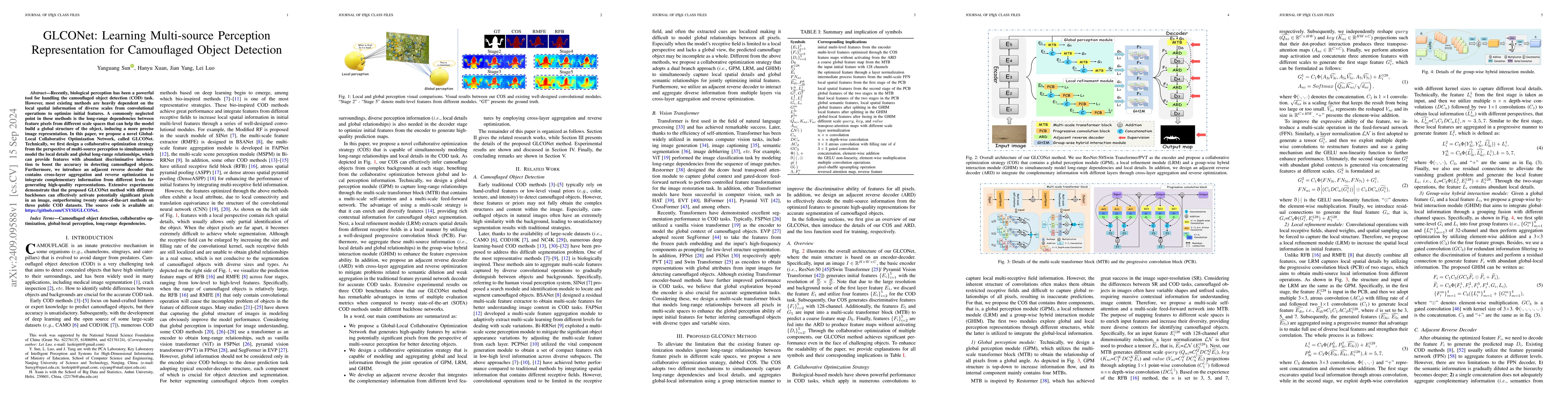 Thumbnail for GLCONet: Learning Multi-source Perception Representation for Camouflaged
  Object Detection