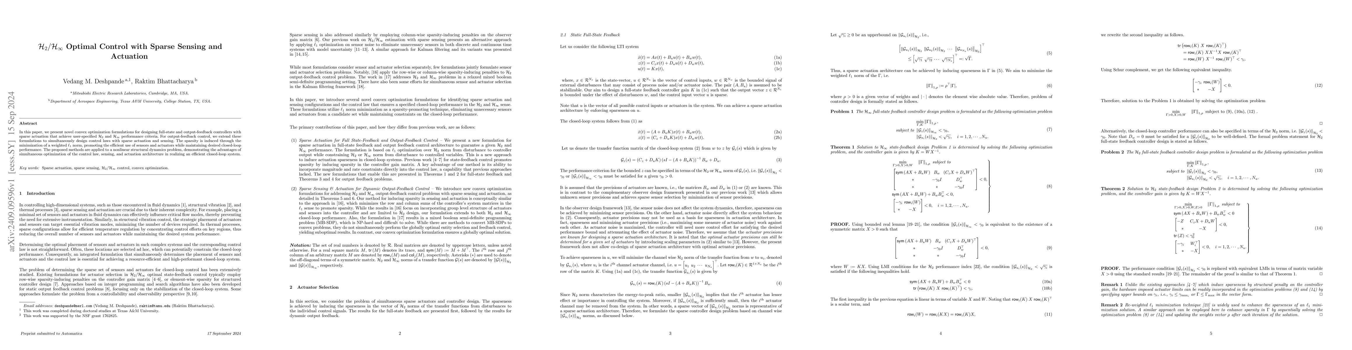 Thumbnail for $\mathcal{H}_2/\mathcal{H}_\infty$ Optimal Control with Sparse Sensing
  and Actuation