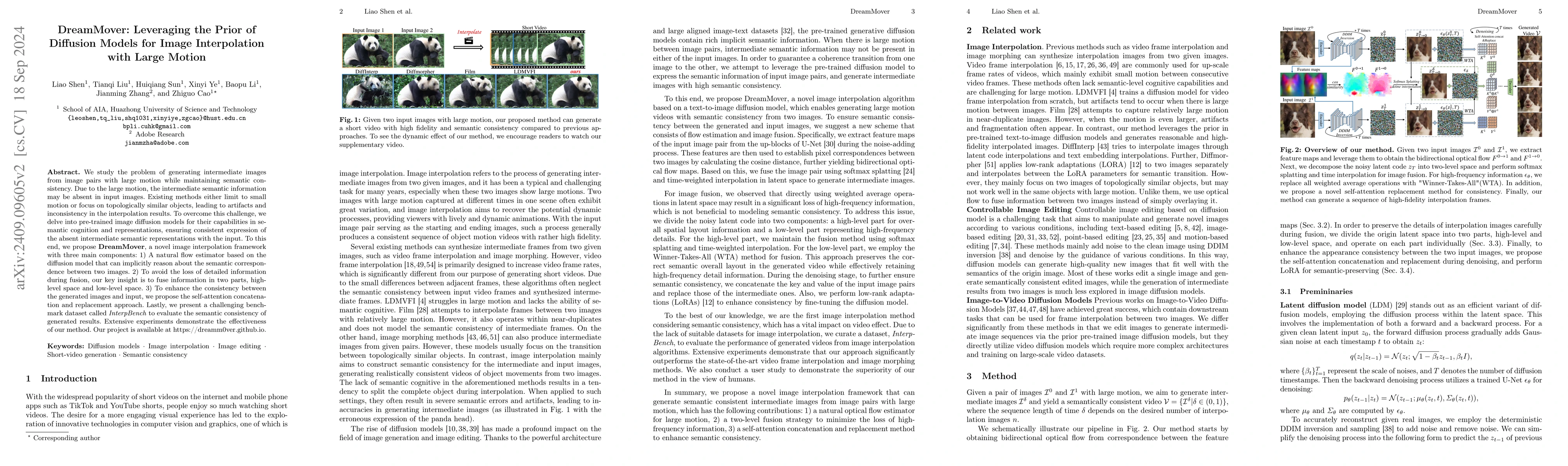 Thumbnail for DreamMover: Leveraging the Prior of Diffusion Models for Image
  Interpolation with Large Motion