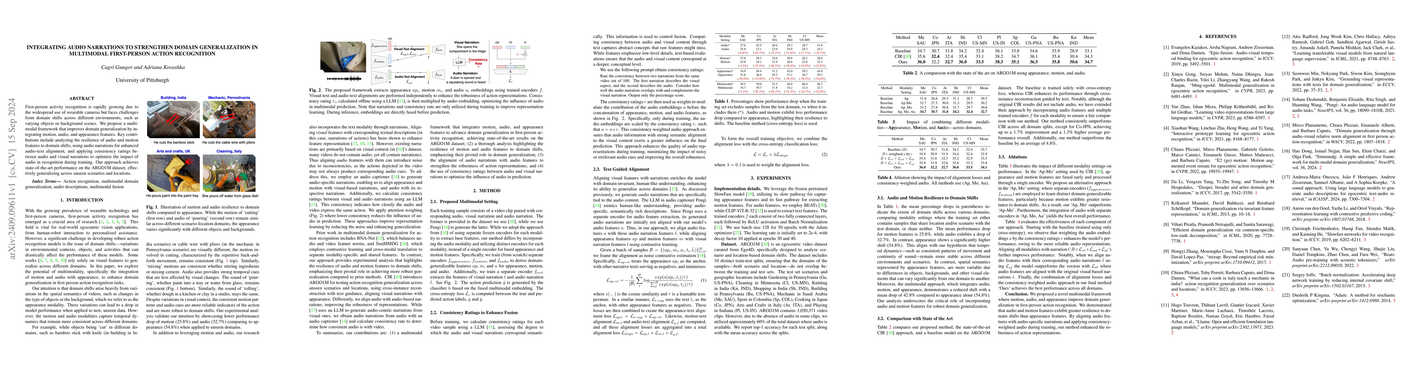 Thumbnail for Integrating Audio Narrations to Strengthen Domain Generalization in
  Multimodal First-Person Action Recognition