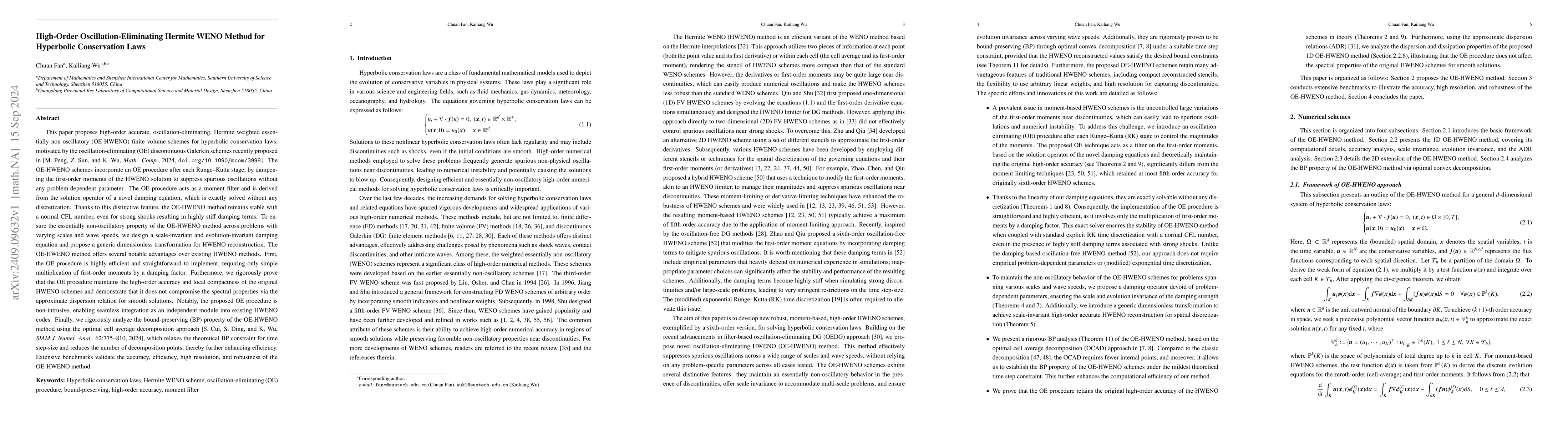 Thumbnail for High-Order Oscillation-Eliminating Hermite WENO Method for Hyperbolic
  Conservation Laws