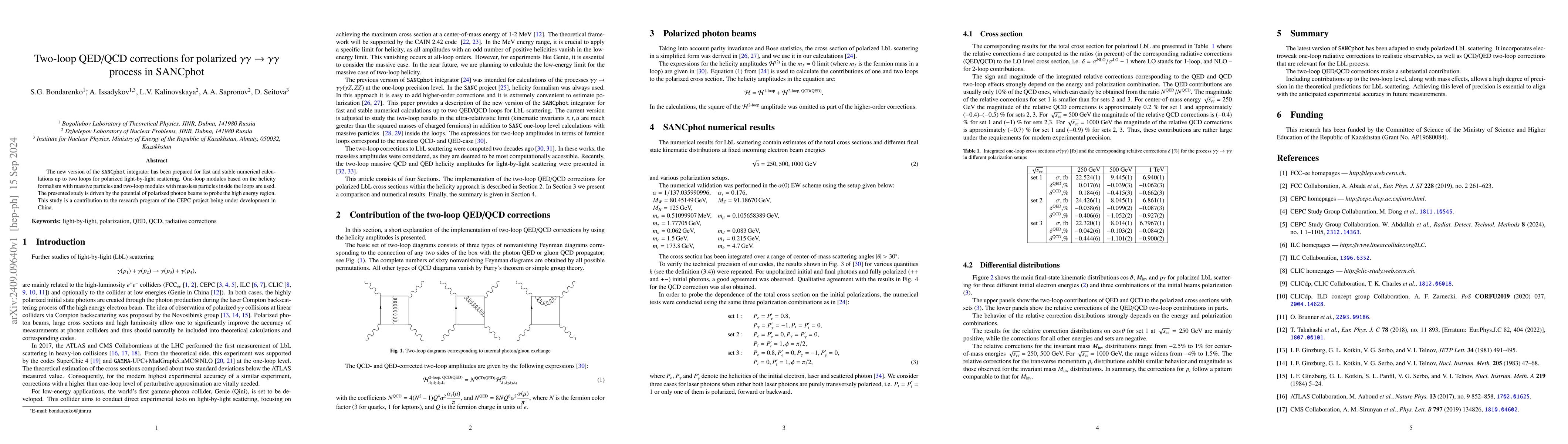 Thumbnail for Two-loop QED/QCD corrections for polarized
  $γγ\rightarrowγγ$ process in SANCphot