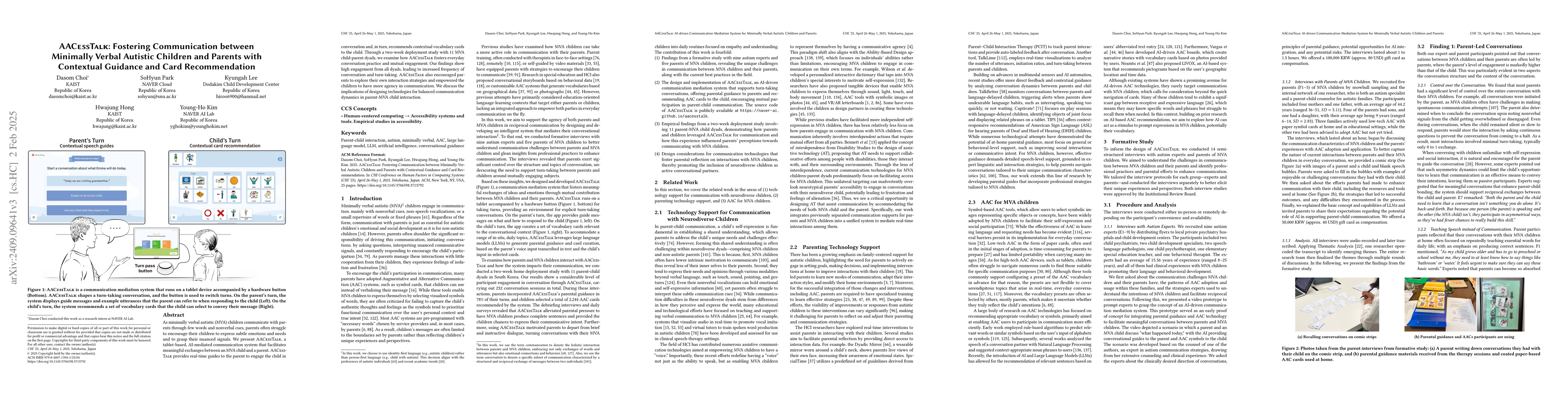 Thumbnail for AACessTalk: Fostering Communication between Minimally Verbal Autistic
  Children and Parents with Contextual Guidance and Card Recommendation