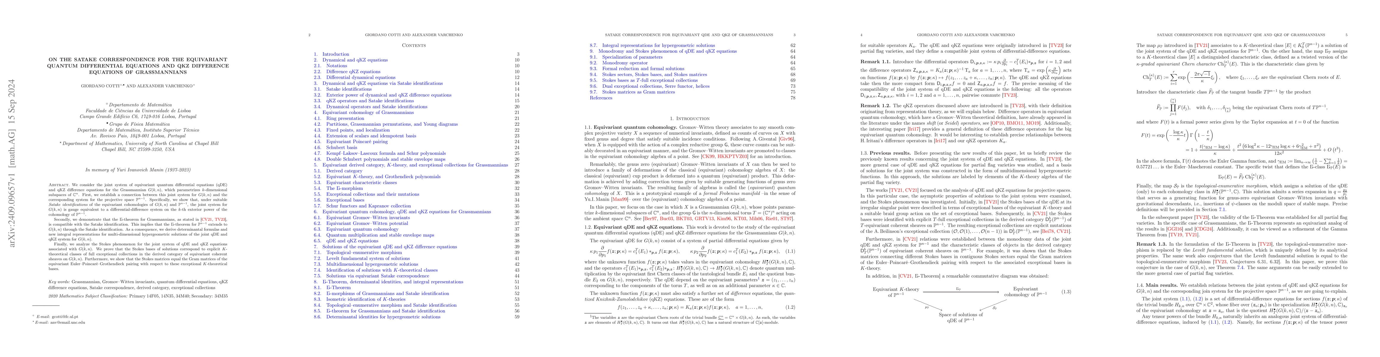 Thumbnail for On the Satake correspondence for the equivariant quantum differential
  equations and qKZ difference equations of Grassmannians