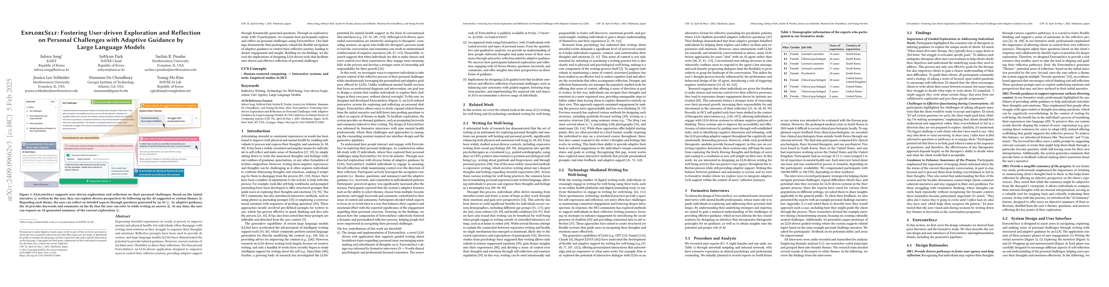 Thumbnail for ExploreSelf: Fostering User-driven Exploration and Reflection on
  Personal Challenges with Adaptive Guidance by Large Language Models