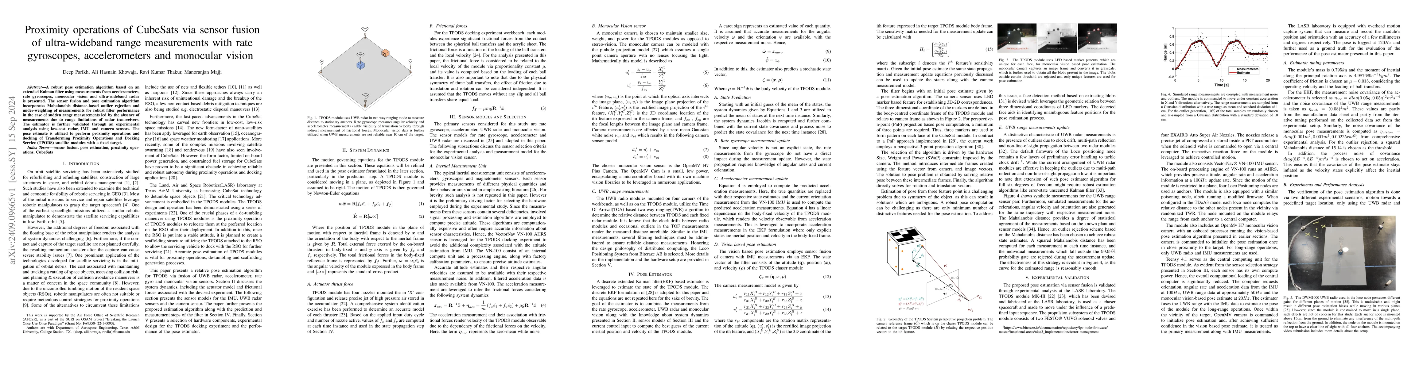 Thumbnail for Proximity operations of CubeSats via sensor fusion of ultra-wideband
  range measurements with rate gyroscopes, accelerometers and monocular vision