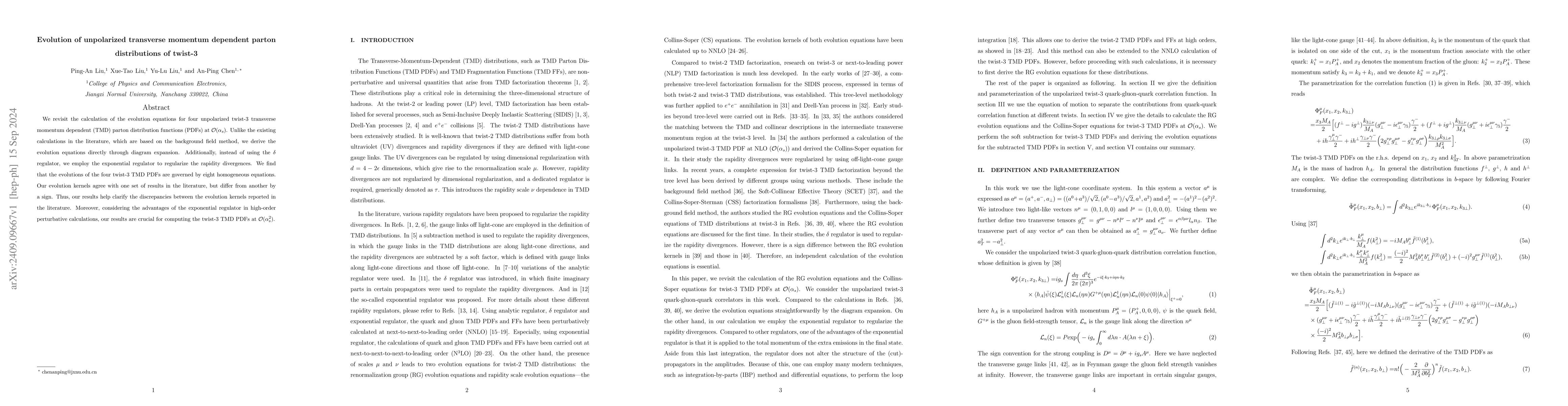 Thumbnail for Evolution of unpolarized transverse momentum dependent parton
  distributions of twist-3