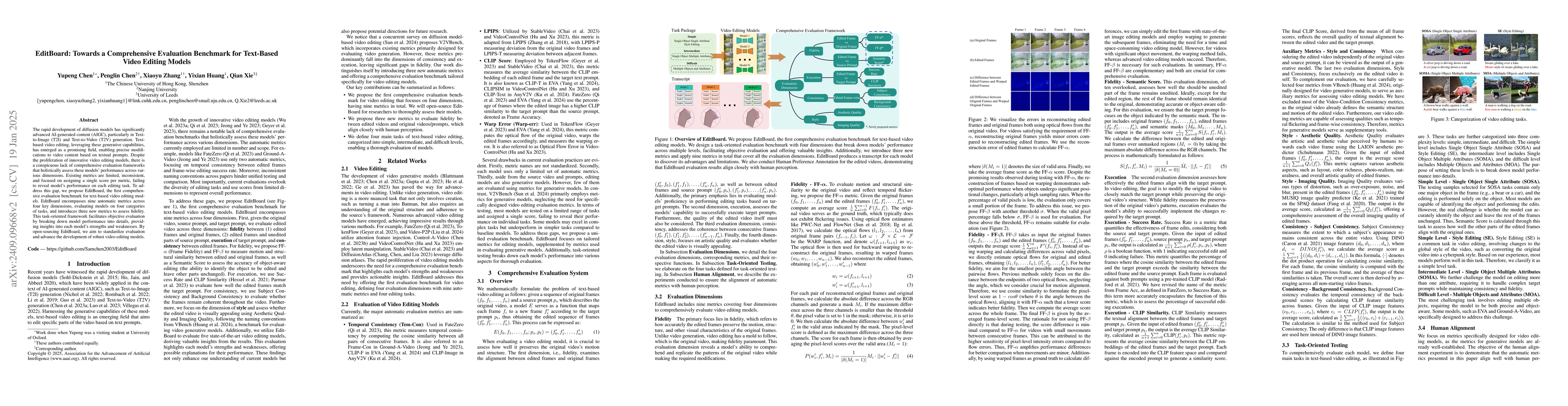 Thumbnail for EditBoard: Towards A Comprehensive Evaluation Benchmark for Text-based
  Video Editing Models