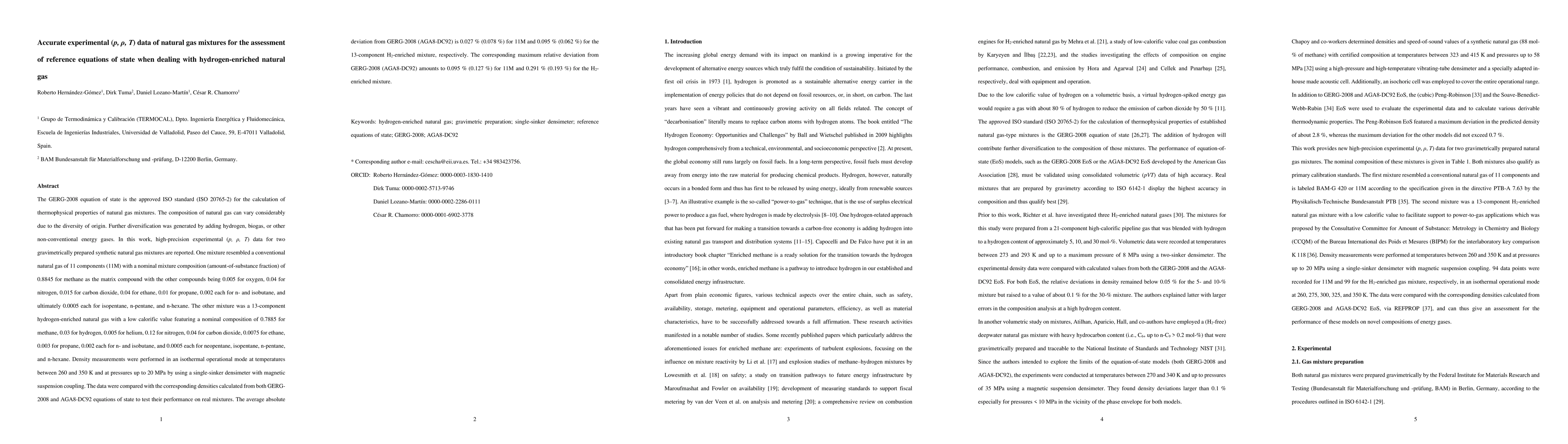Thumbnail for Accurate experimental ($p$, $ρ$, $T$) data of natural gas mixtures
  for the assessment of reference equations of state when dealing with
  hydrogen-enriched natural gas