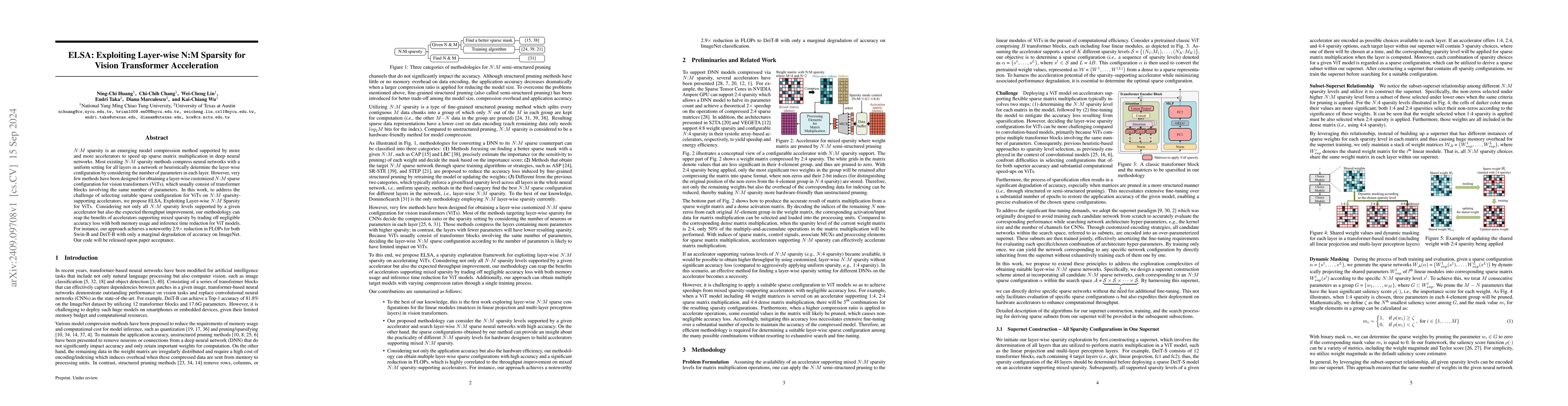 Thumbnail for ELSA: Exploiting Layer-wise N:M Sparsity for Vision Transformer
  Acceleration