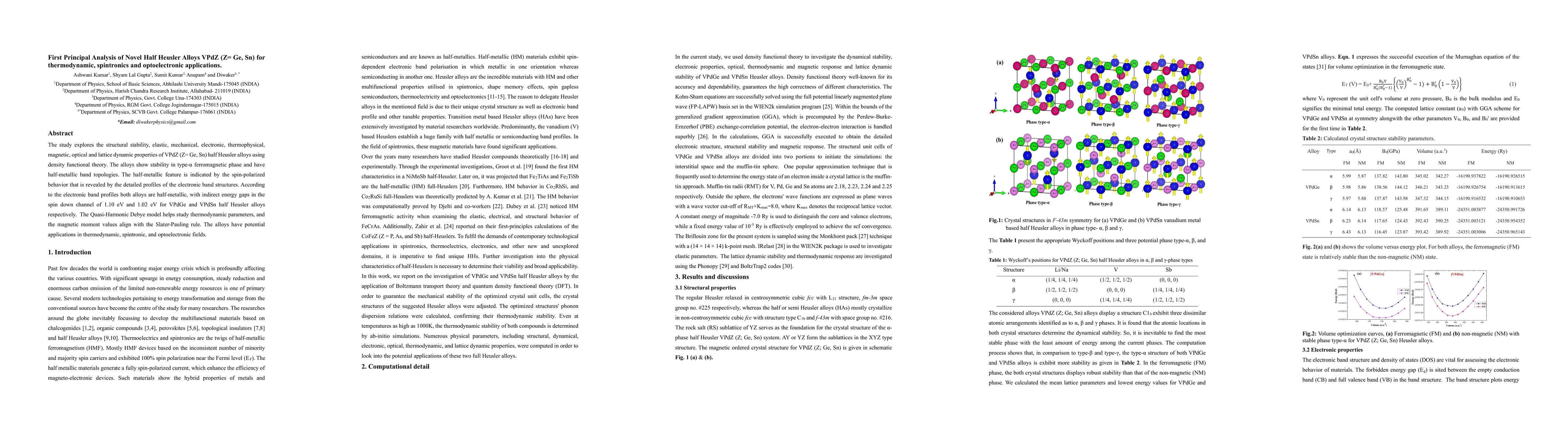 Thumbnail for First Principle Analysis of Novel Half Heusler Alloys VPdZ (Z= Ge, Sn)
  for thermodynamic, spintronics and optoelectronic applications