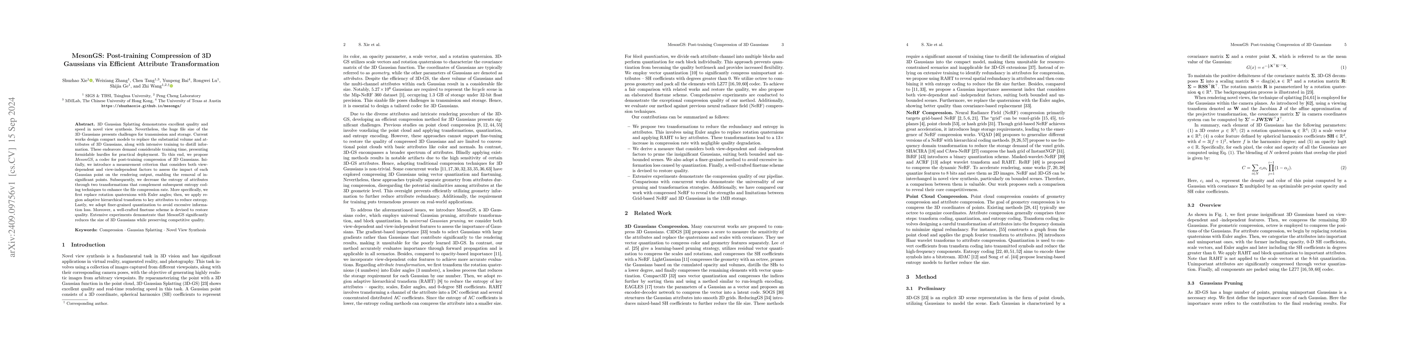 Thumbnail for MesonGS: Post-training Compression of 3D Gaussians via Efficient
  Attribute Transformation