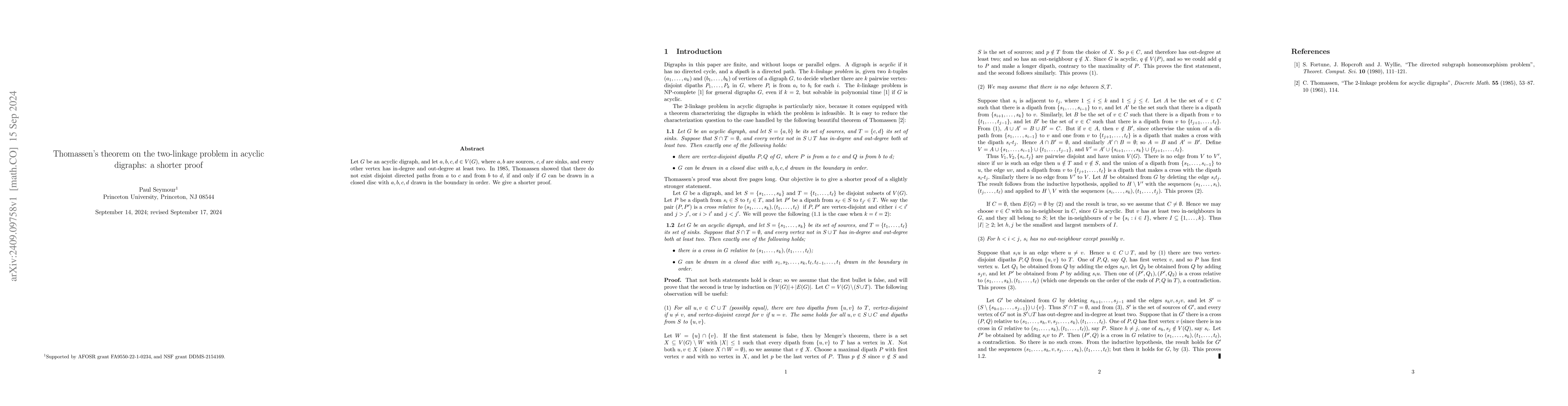 Thumbnail for Thomassen's theorem on the two-linkage problem in acyclic digraphs: a
  shorter proof