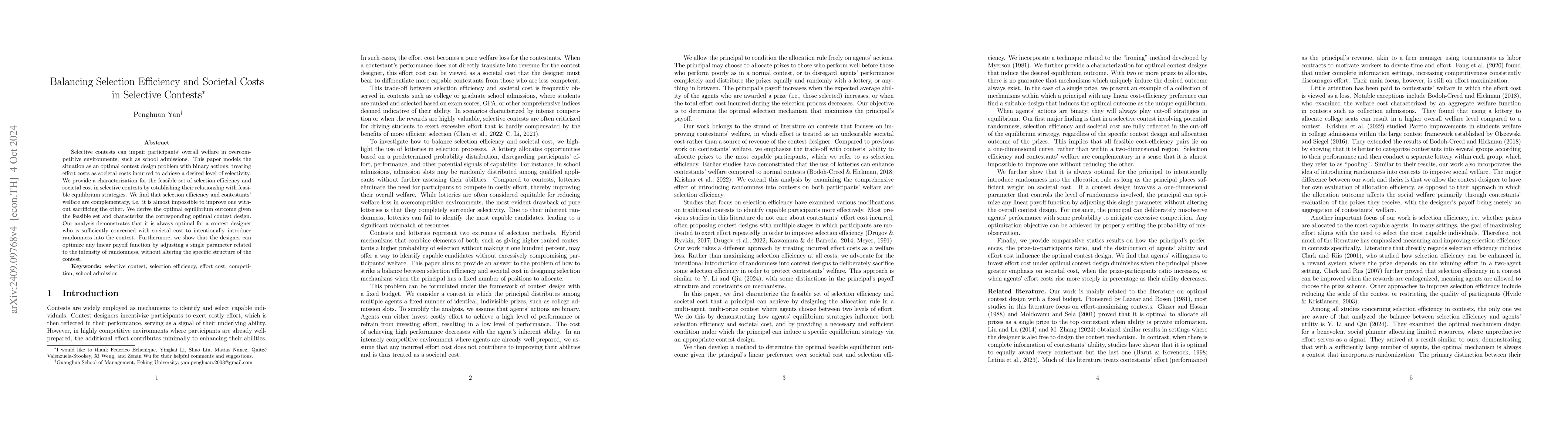 Thumbnail for Balancing Selection Efficiency and Societal Costs in Selective Contests