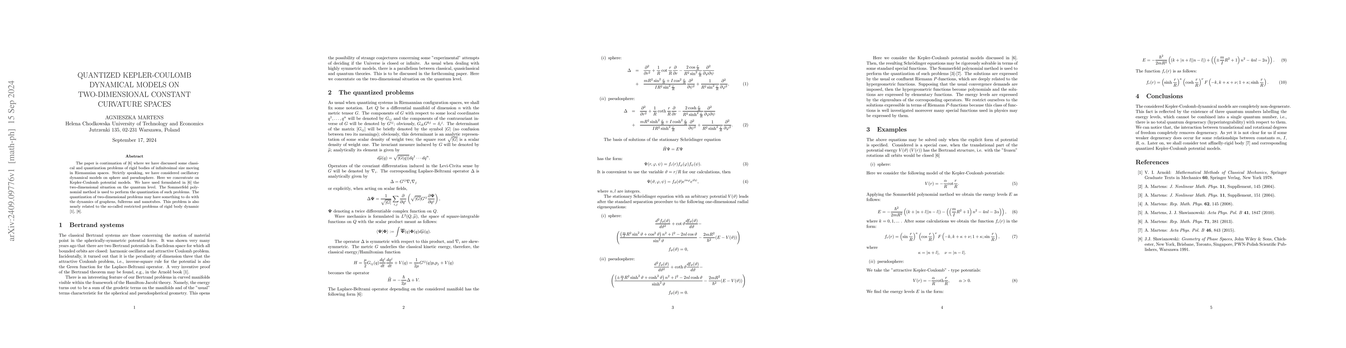 Thumbnail for Quantized Kepler-Coulomb dynamical models on two-dimensional constant
  curvature spaces