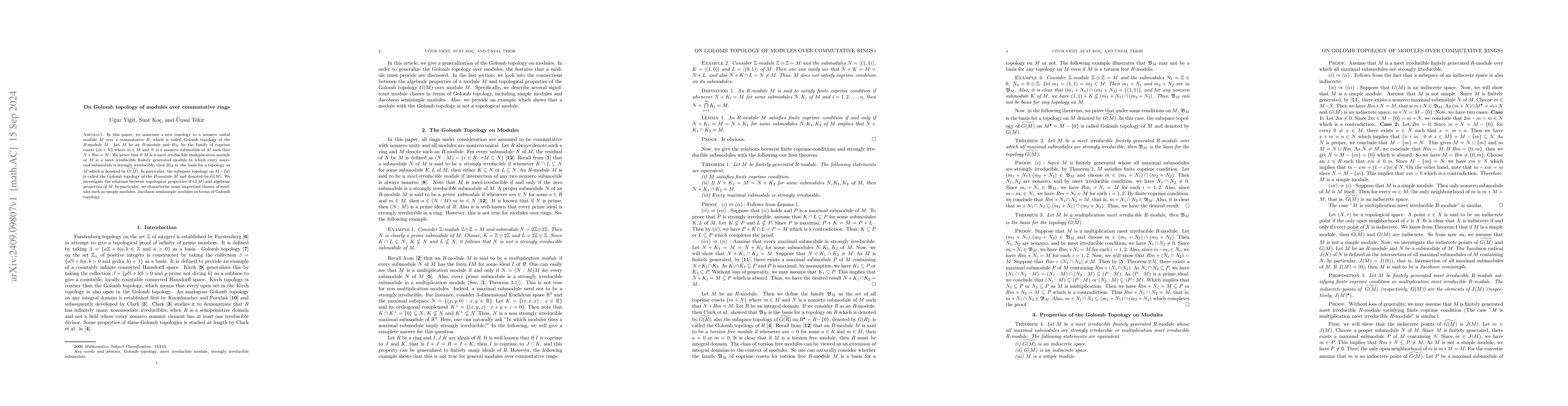Thumbnail for On Golomb Topology of Modules over Commutative Rings