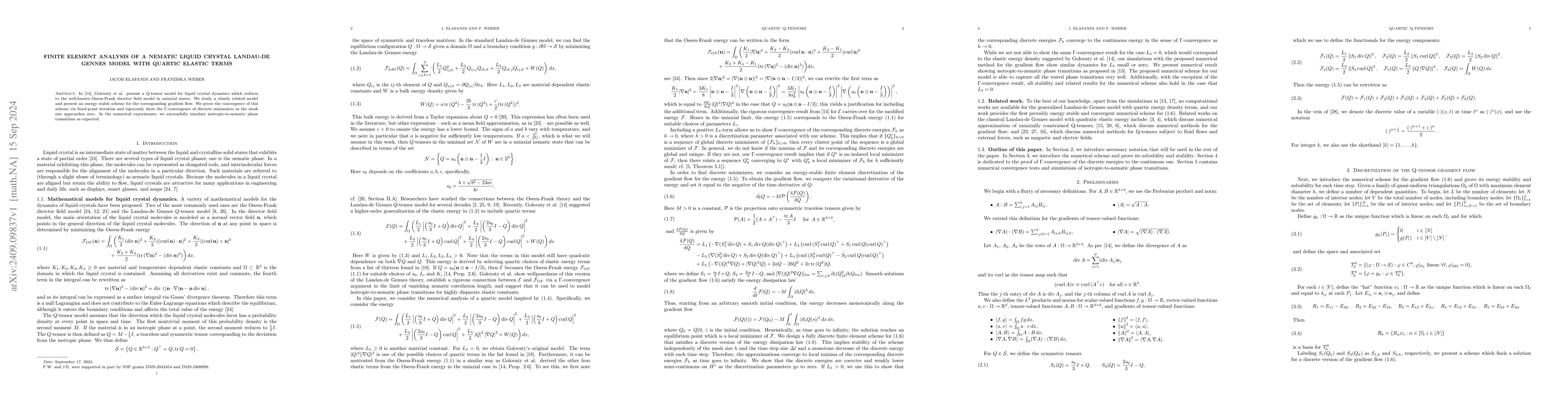 Thumbnail for Finite element analysis of a nematic liquid crystal Landau-de Gennes
  model with quartic elastic terms