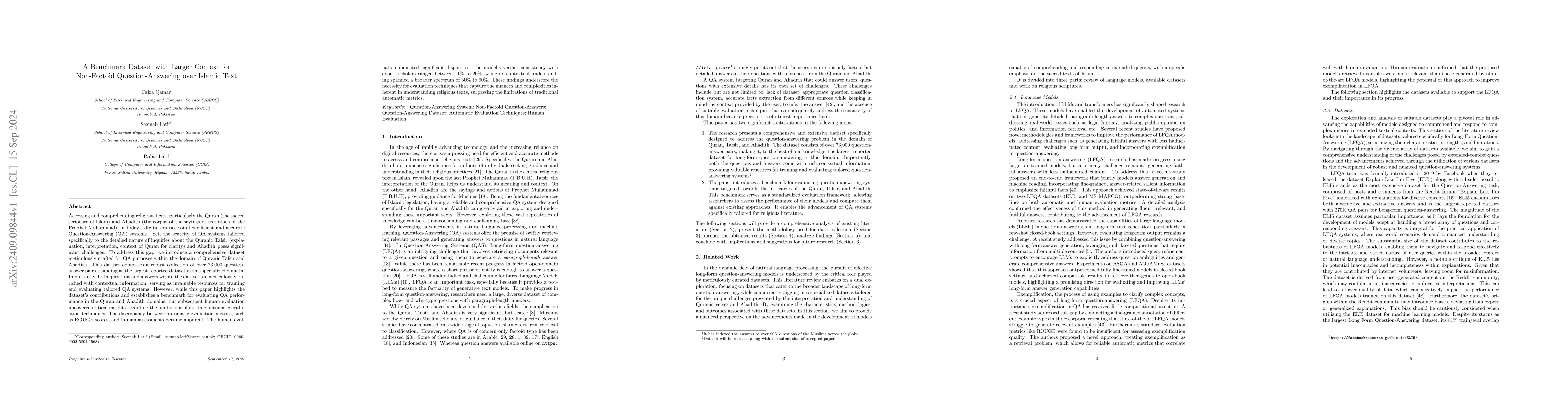 Thumbnail for A Benchmark Dataset with Larger Context for Non-Factoid Question
  Answering over Islamic Text