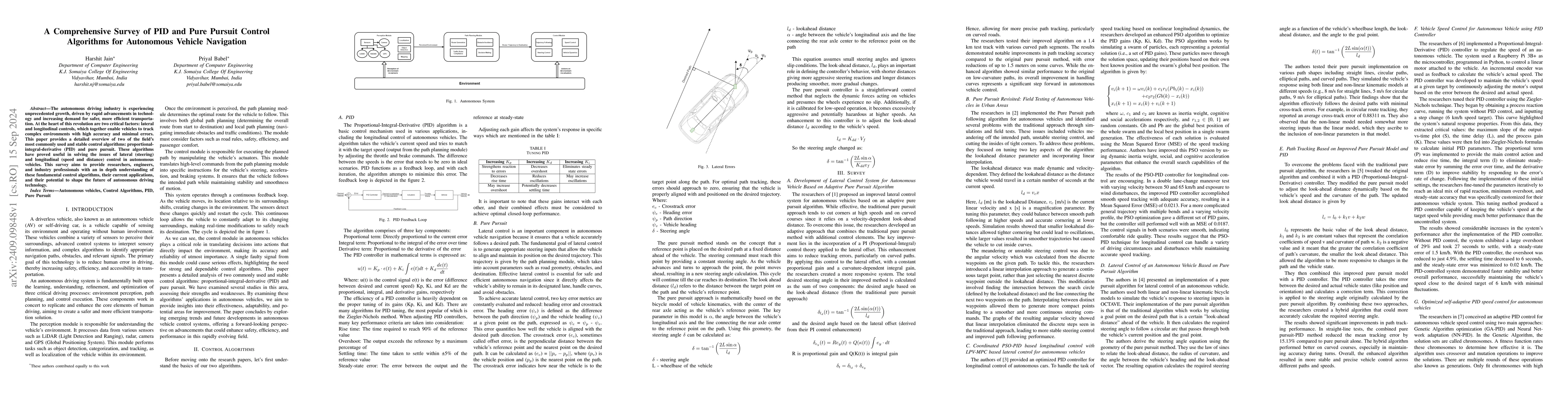 Thumbnail for A Comprehensive Survey of PID and Pure Pursuit Control Algorithms for
  Autonomous Vehicle Navigation