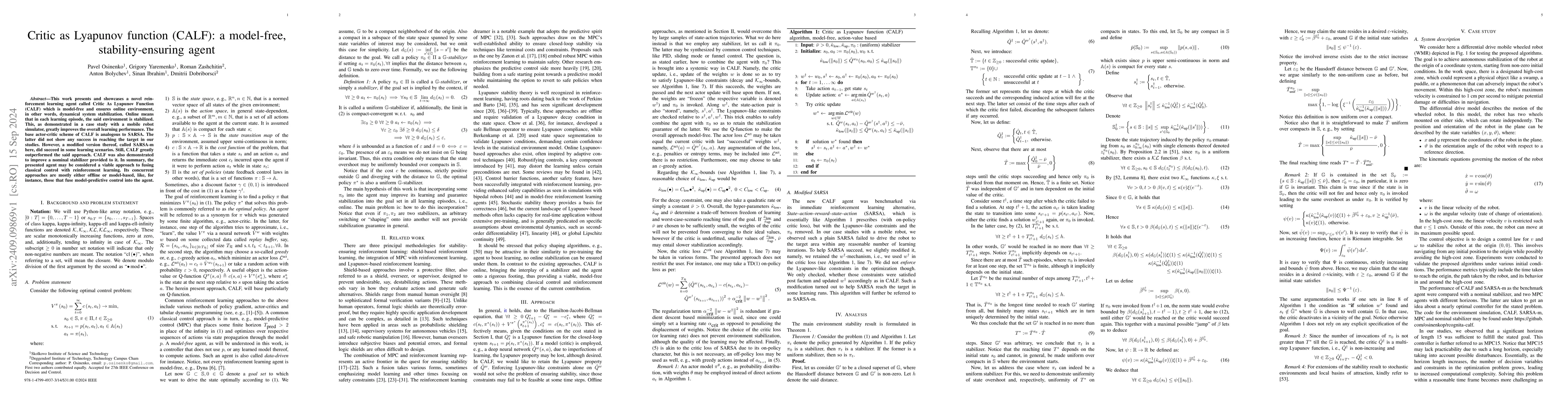 Thumbnail for Critic as Lyapunov function (CALF): a model-free, stability-ensuring
  agent