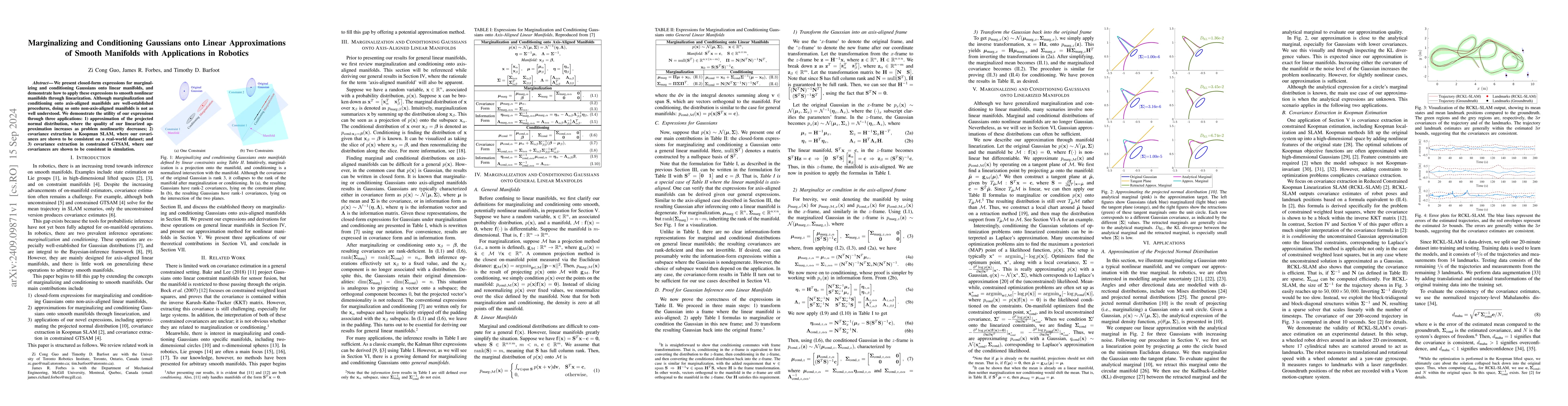 Thumbnail for Marginalizing and Conditioning Gaussians onto Linear Approximations of
  Smooth Manifolds with Applications in Robotics