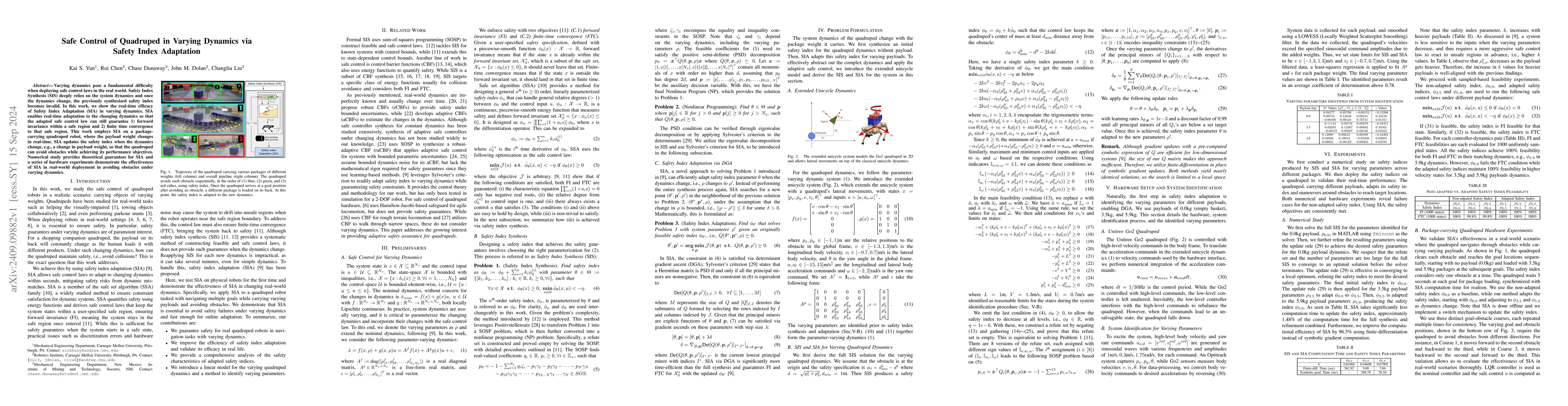 Thumbnail for Safe Control of Quadruped in Varying Dynamics via Safety Index
  Adaptation
