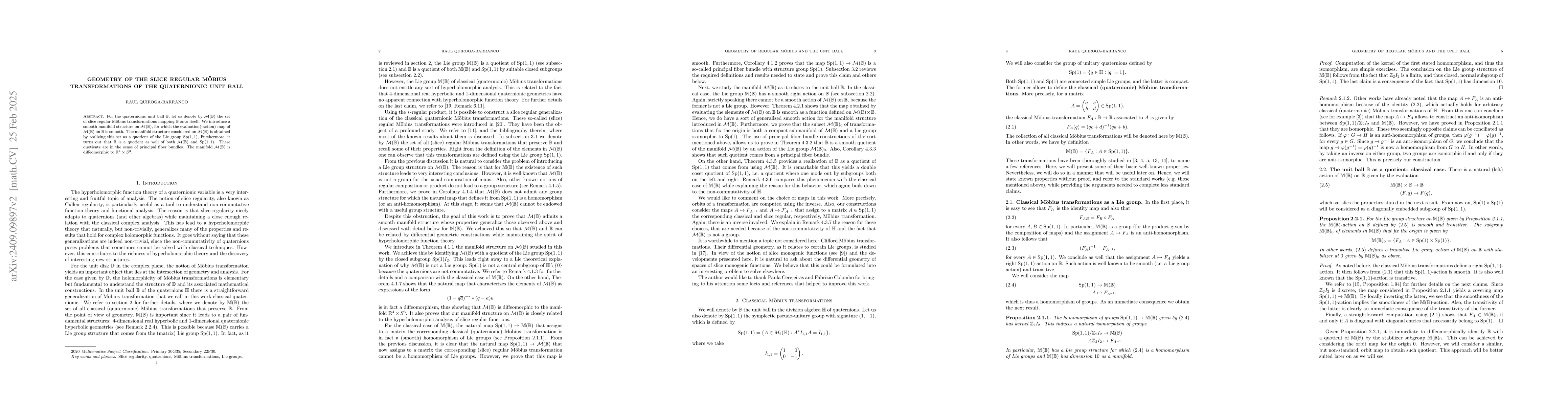 Thumbnail for Geometry of the slice regular Möbius transformations of the
  quaternionic unit ball