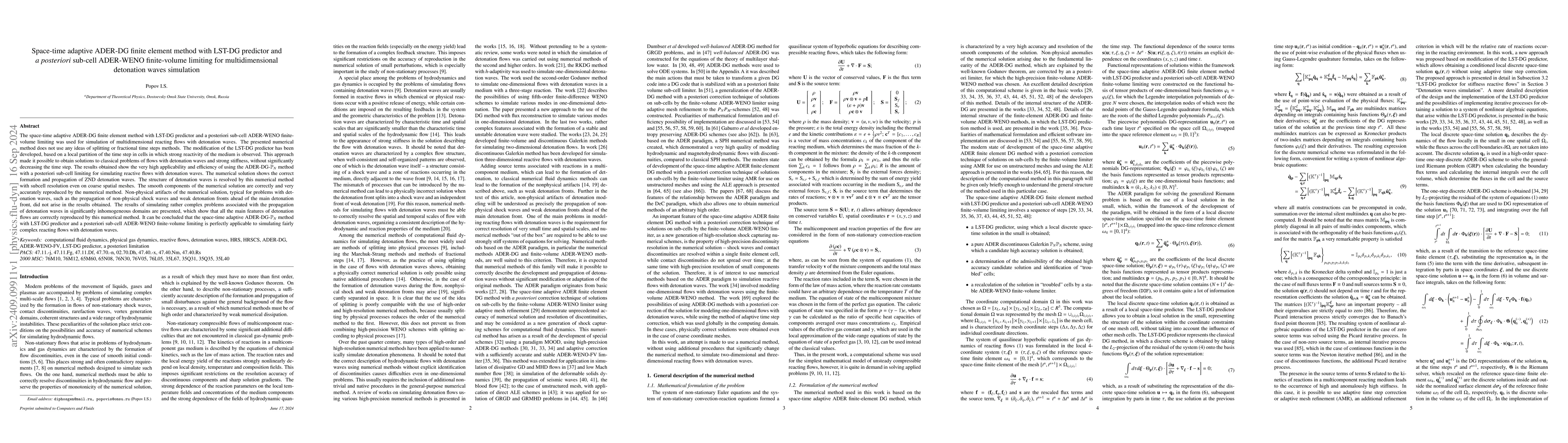 Thumbnail for Space-time adaptive ADER-DG finite element method with LST-DG predictor
  and a posteriori sub-cell ADER-WENO finite-volume limiting for
  multidimensional detonation waves simulation