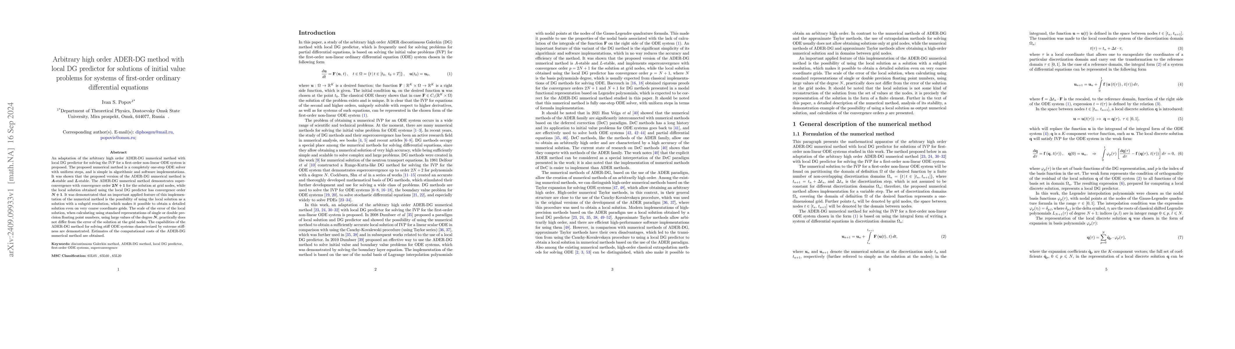 Thumbnail for Arbitrary high order ADER-DG method with local DG predictor for
  solutions of initial value problems for systems of first-order ordinary
  differential equations