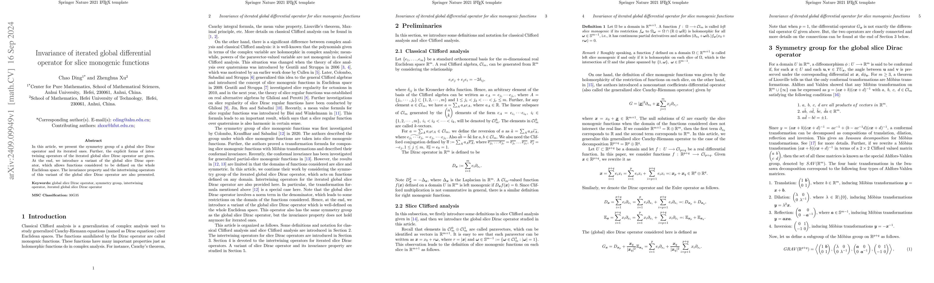 Thumbnail for Invariance of iterated global differential operator for slice monogenic
  functions