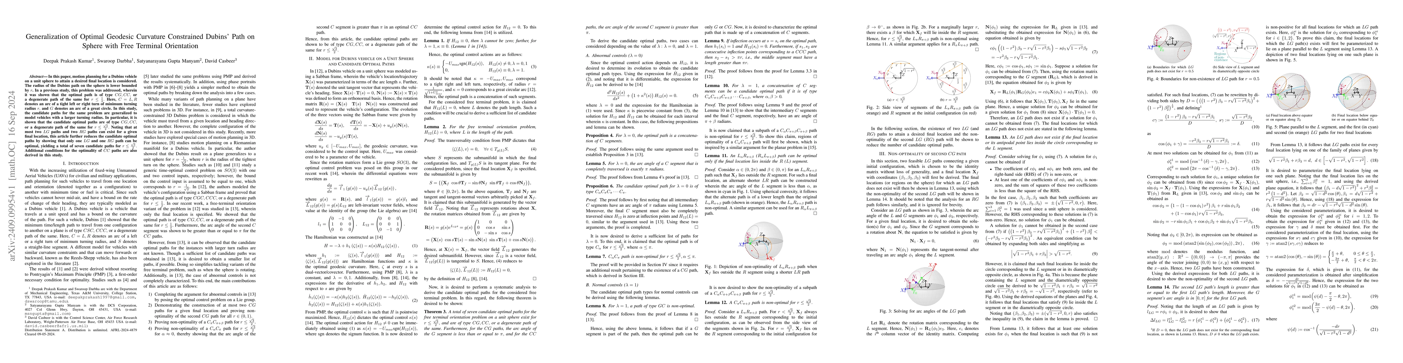 Thumbnail for Generalization of Optimal Geodesic Curvature Constrained Dubins' Path on
  Sphere with Free Terminal Orientation