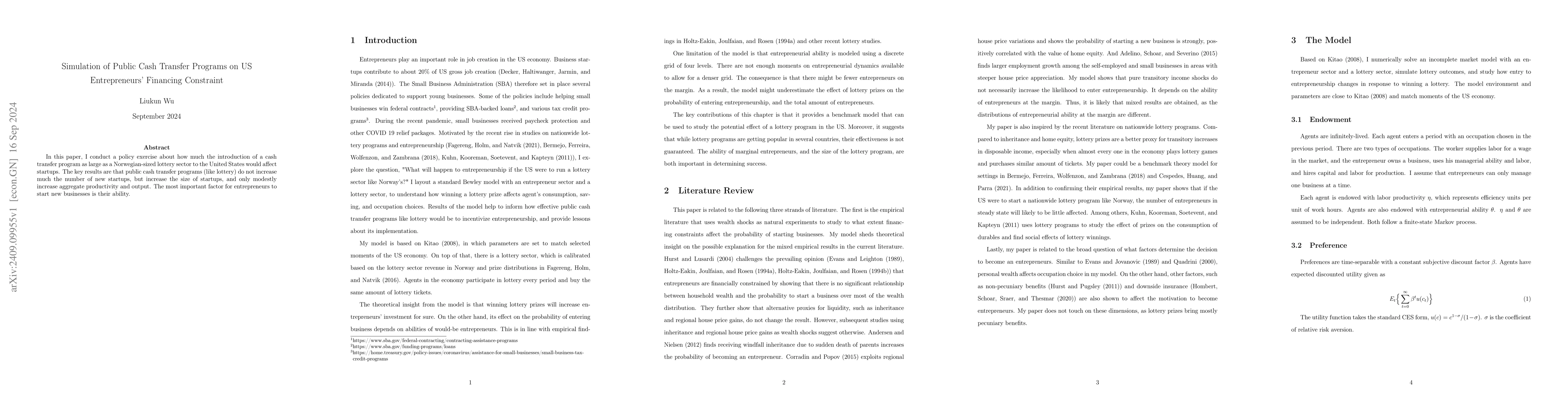 Thumbnail for Simulation of Public Cash Transfer Programs on US Entrepreneurs'
  Financing Constraint