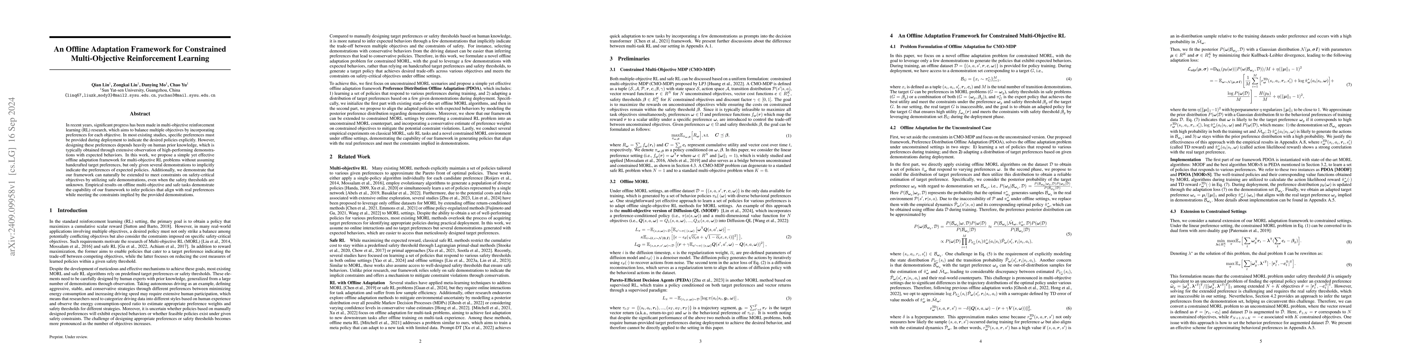 Thumbnail for An Offline Adaptation Framework for Constrained Multi-Objective
  Reinforcement Learning