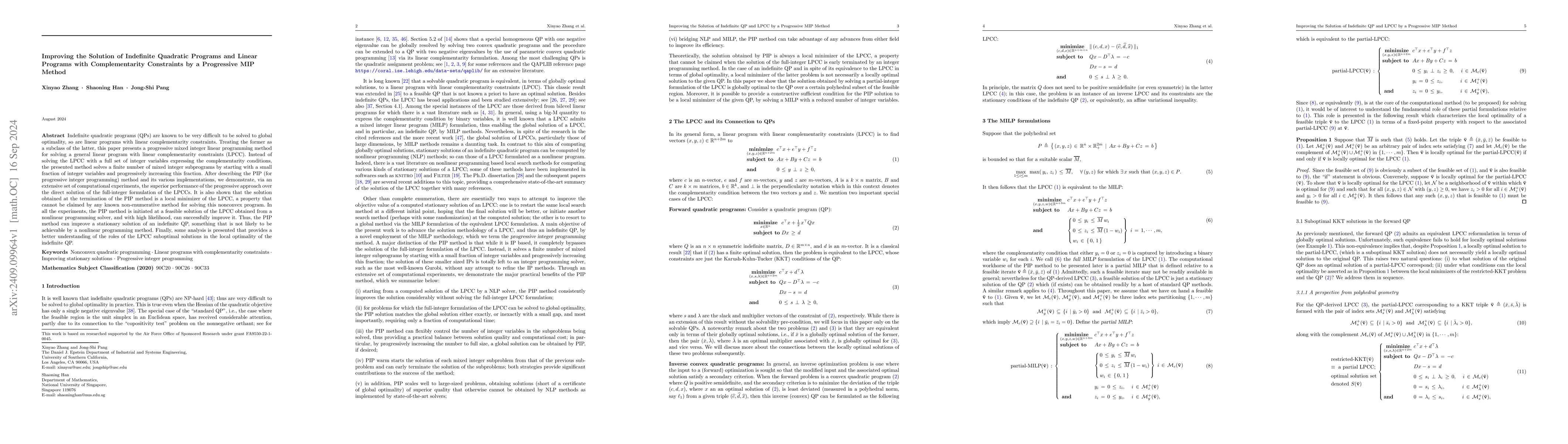 Thumbnail for Improving the Solution of Indefinite Quadratic Programs and Linear
  Programs with Complementarity Constraints by a Progressive MIP Method
