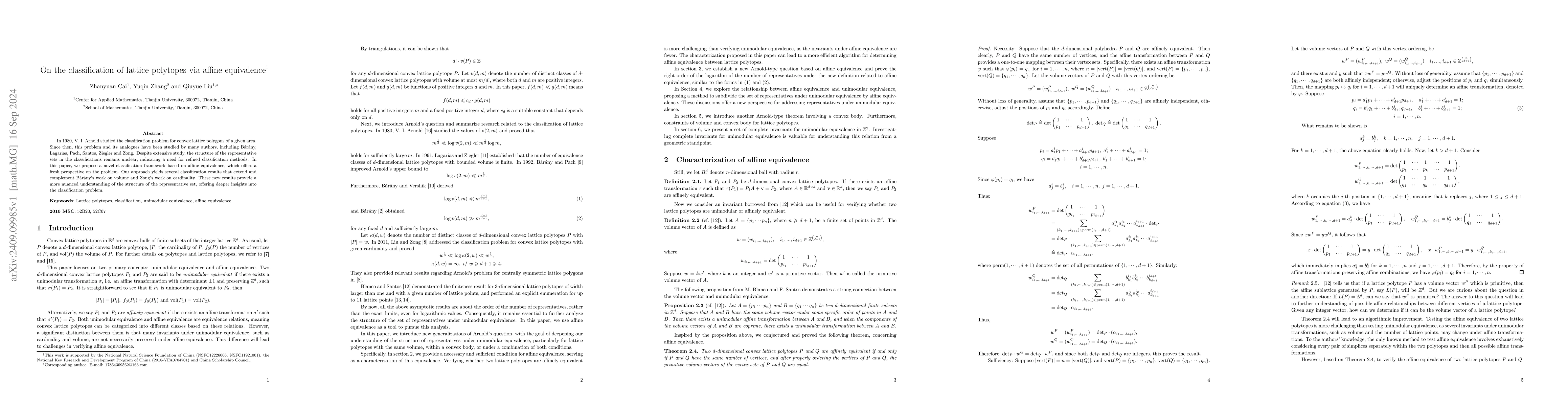 Thumbnail for On the classification of lattice polytopes via affine equivalence