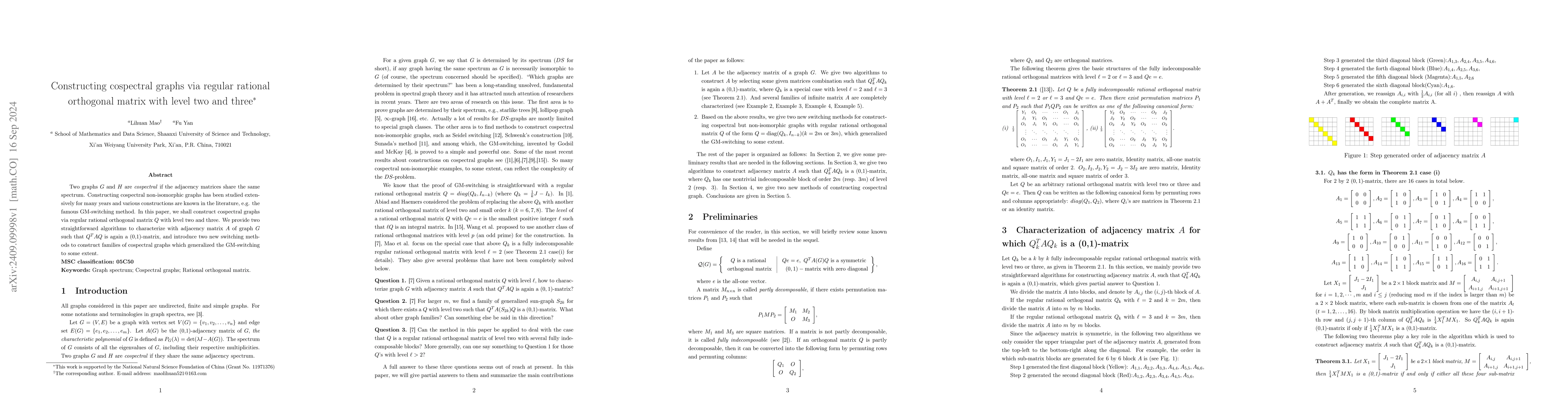 Thumbnail for Constructing cospectral graphs via regular rational orthogonal matrix
  with level two and three