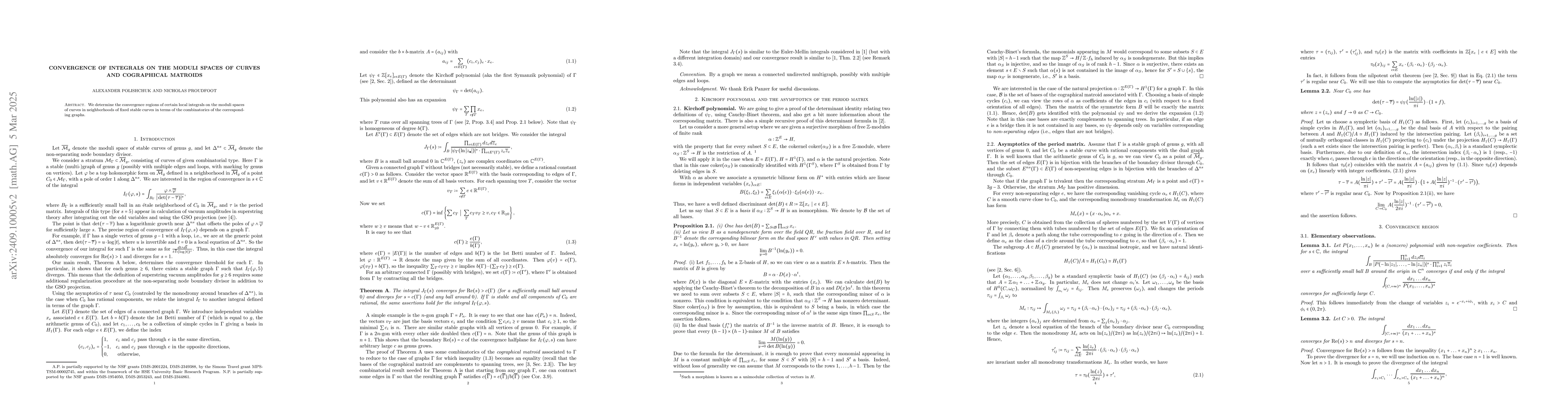 Thumbnail for Convergence of integrals on the moduli spaces of curves and cographical
  matroids