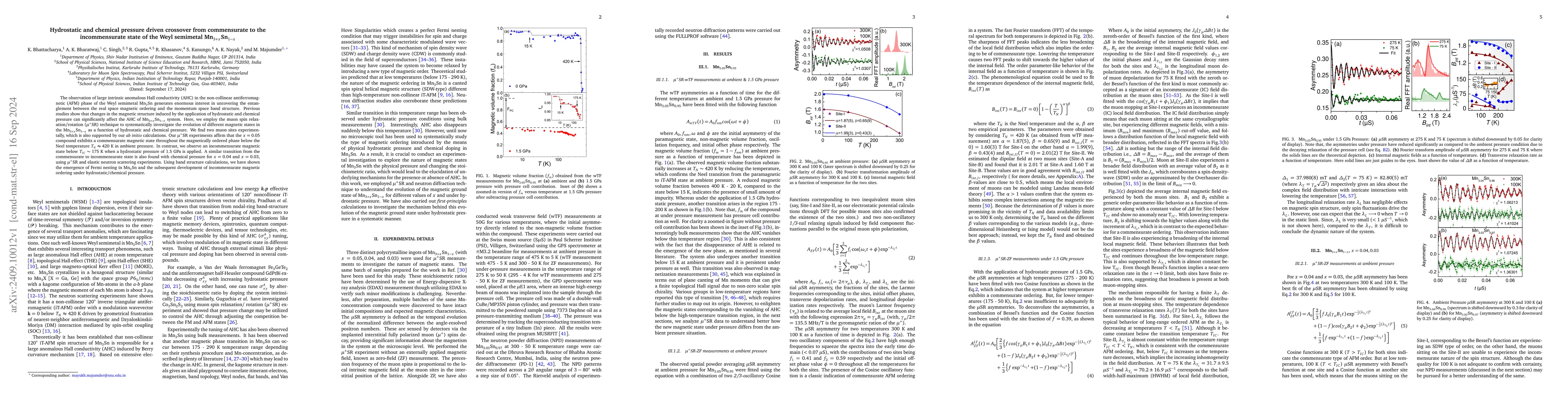 Thumbnail for Hydrostatic and chemical pressure driven crossover from commensurate to
  the incommensurate state of the Weyl semimetal Mn$_{3+x}$Sn$_{1-x}$