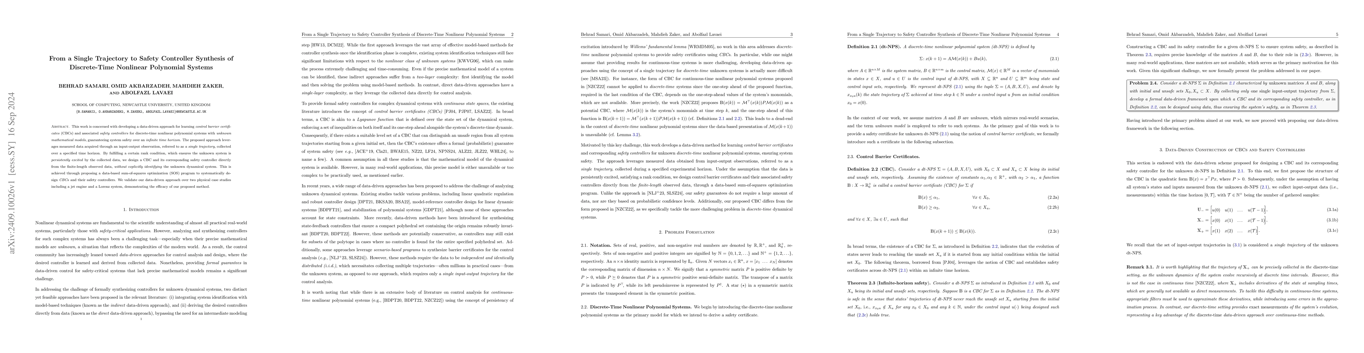 Thumbnail for From a Single Trajectory to Safety Controller Synthesis of Discrete-Time
  Nonlinear Polynomial Systems