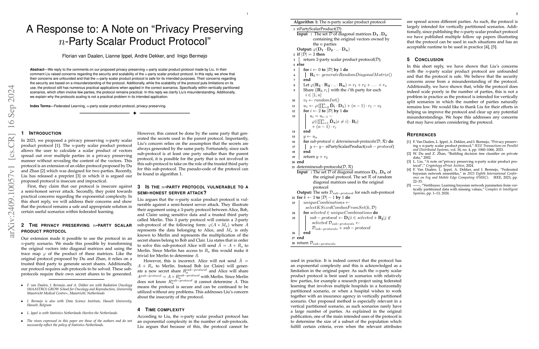 Thumbnail for A Response to: A Note on "Privacy Preserving n-Party Scalar Product
  Protocol"