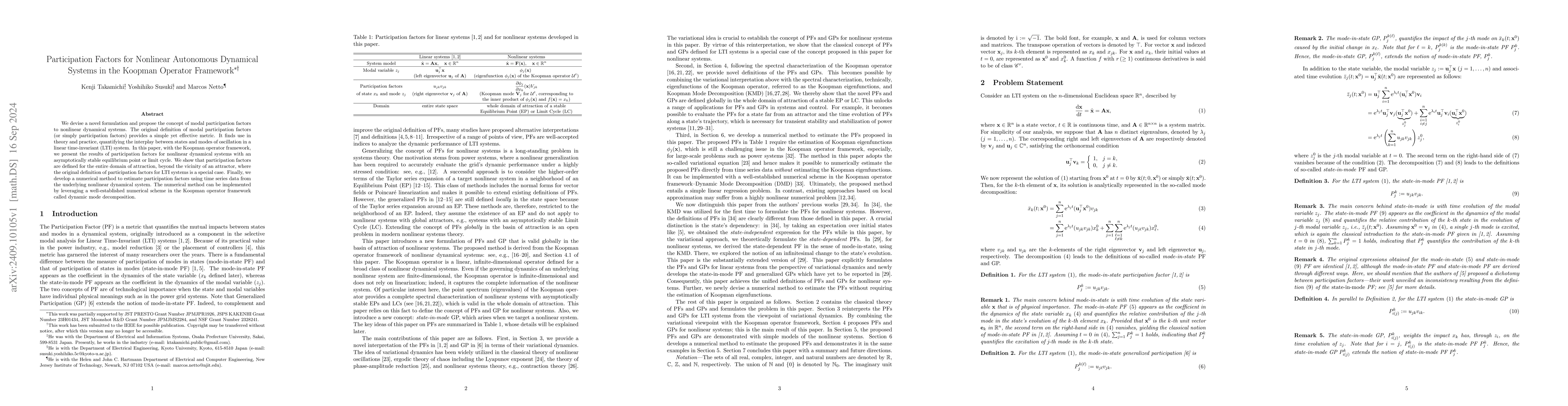 Thumbnail for Participation Factors for Nonlinear Autonomous Dynamical Systems in the
  Koopman Operator Framework