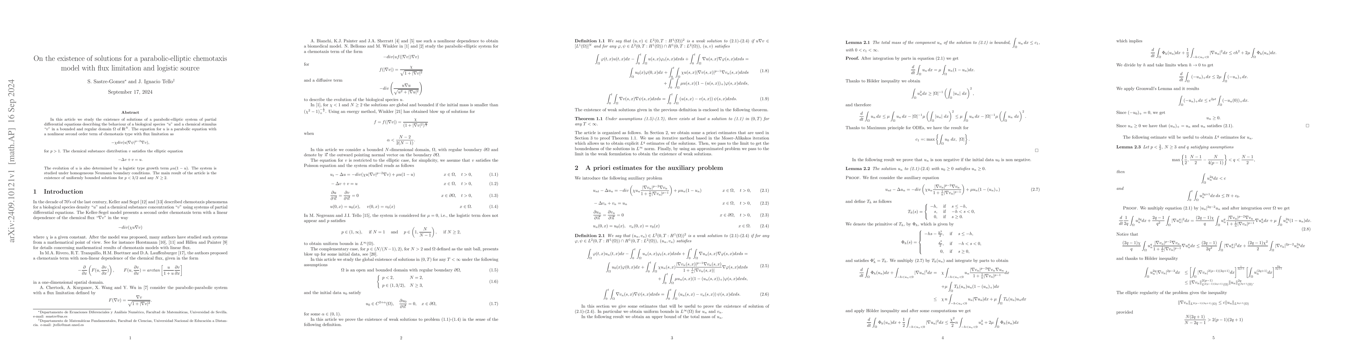 Thumbnail for On the existence of solutions for a parabolic-elliptic chemotaxis model
  with flux limitation and logistic source