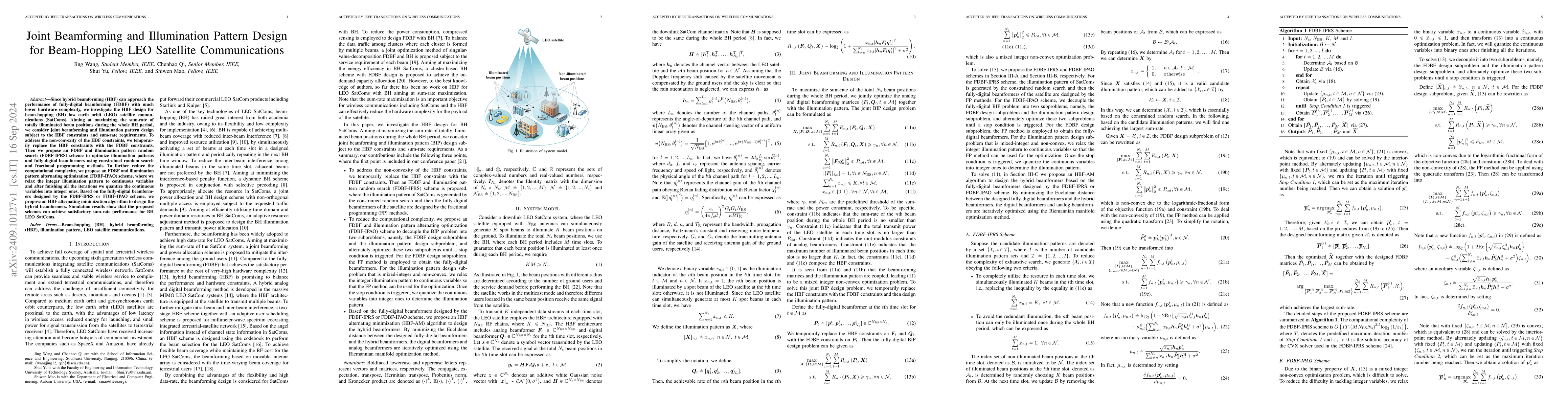 Thumbnail for Joint Beamforming and Illumination Pattern Design for Beam-Hopping LEO
  Satellite Communications