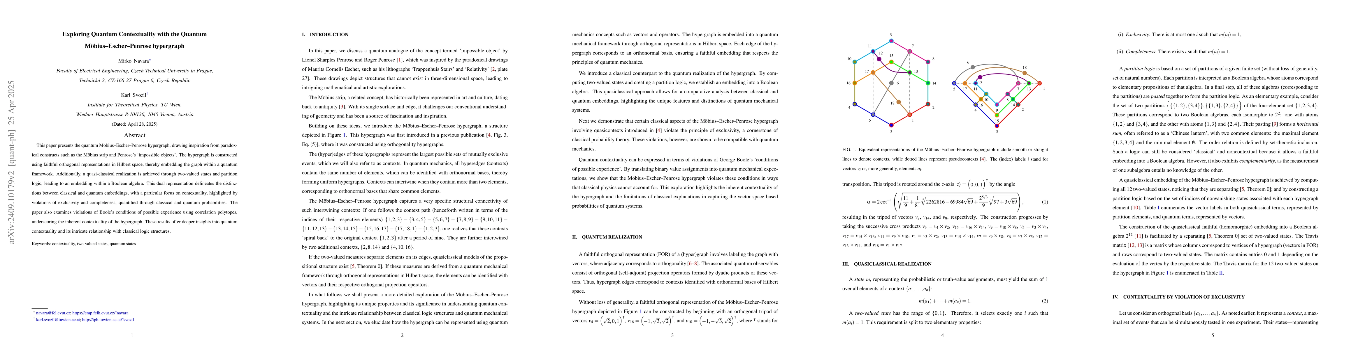 Thumbnail for Exploring Quantum Contextuality with the Quantum Moebius-Escher-Penrose
  hypergraph