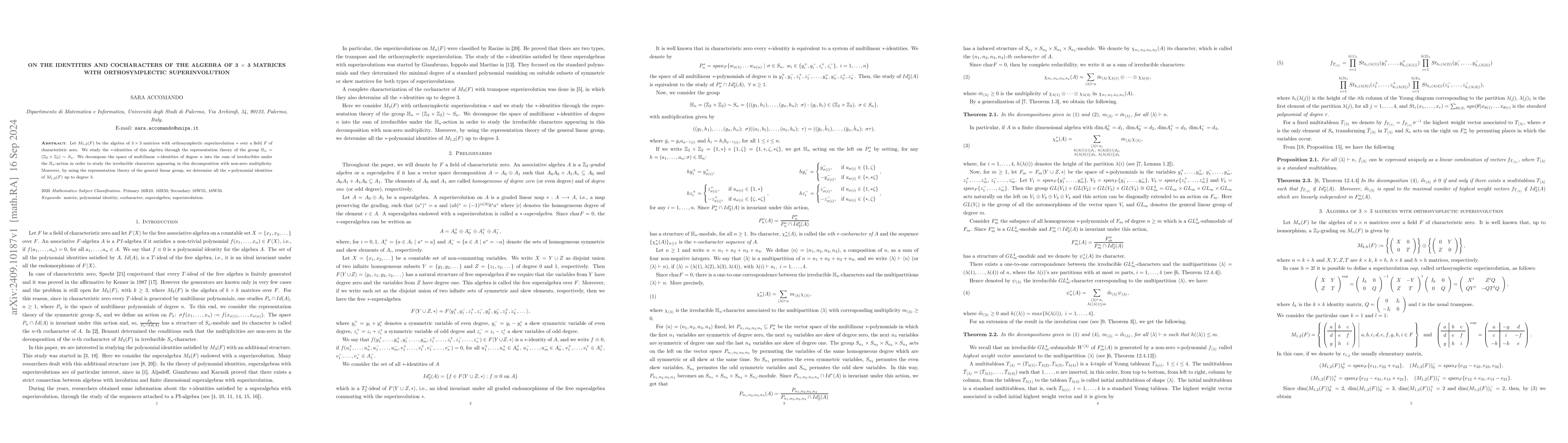 Thumbnail for On the identities and cocharacters of the algebra of $3 \times 3$
  matrices with orthosymplectic superinvolution