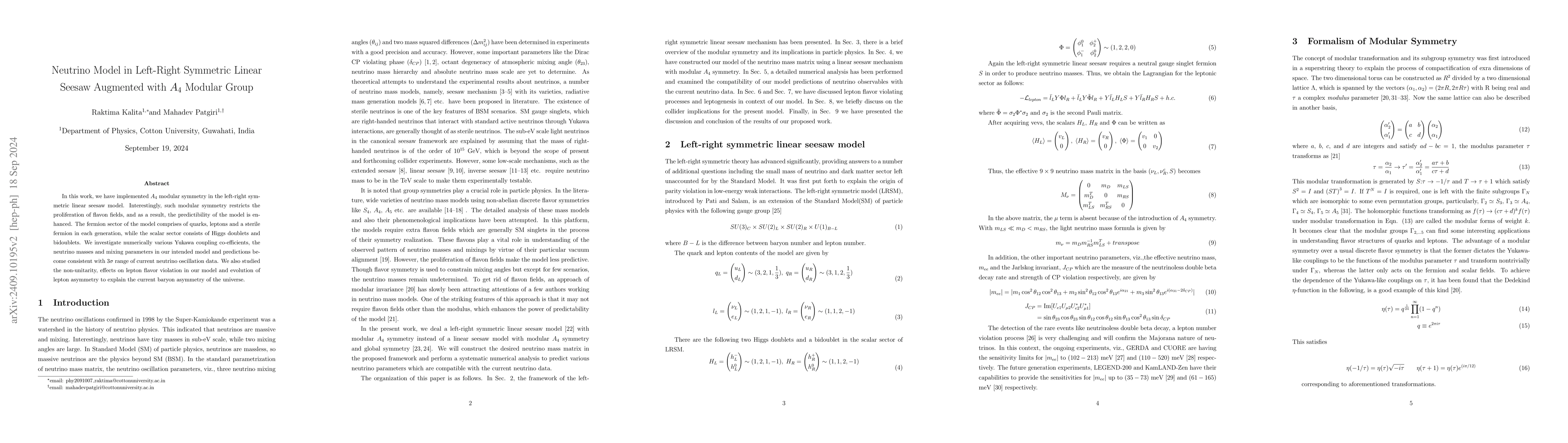 Thumbnail for Neutrino Model in Left-Right Symmetric Linear Seesaw Augmented with
  $A_4$ Modular Group