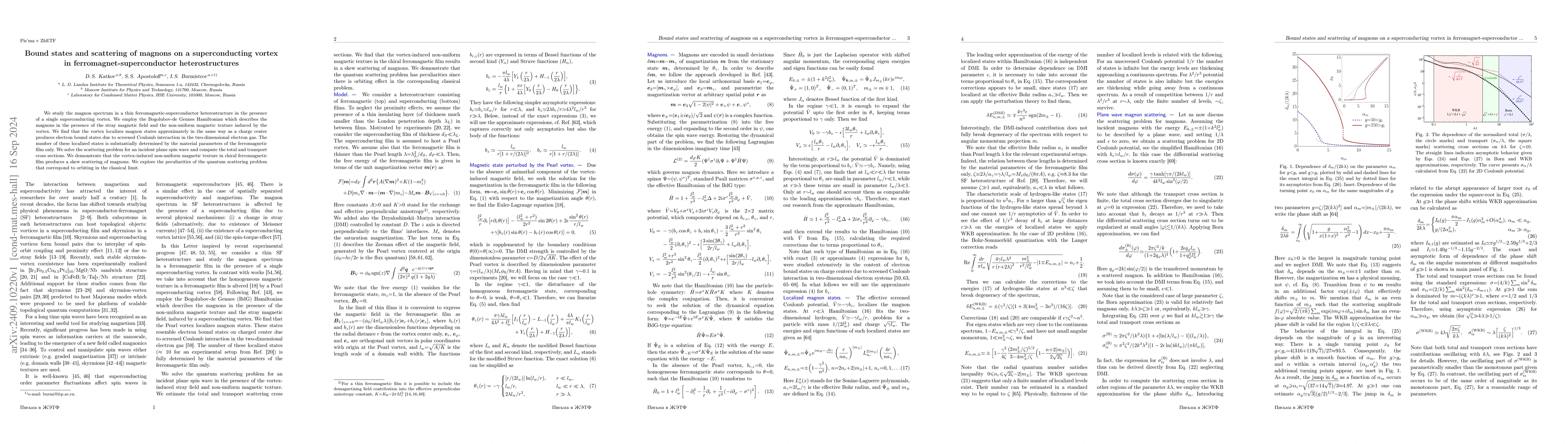 Thumbnail for Bound states and scattering of magnons on a superconducting vortex in
  ferromagnet-superconductor heterostructures