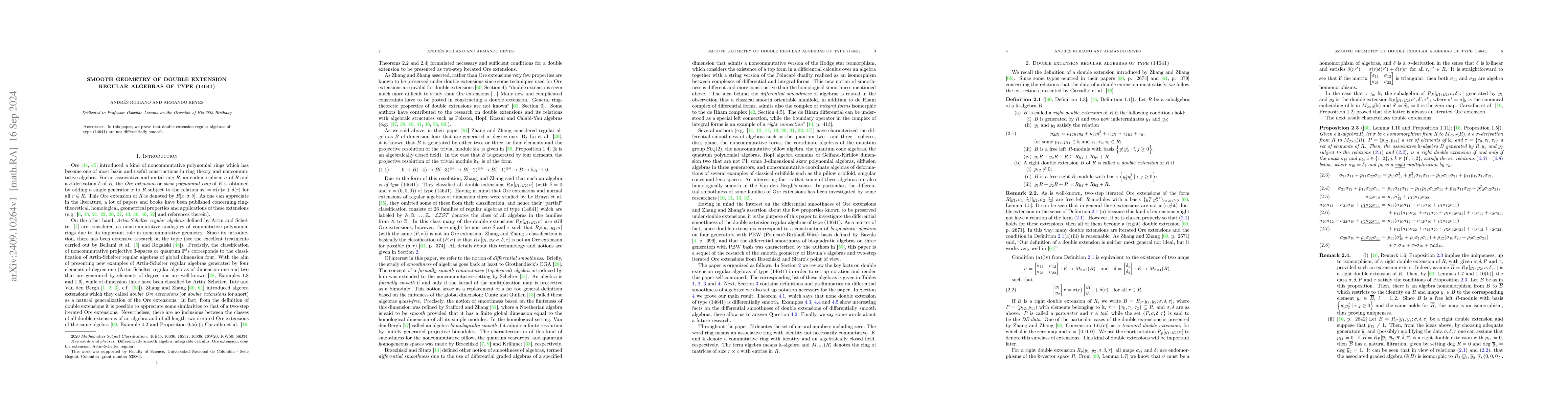 Thumbnail for Smooth geometry of double extension regular algebras of type (14641)
